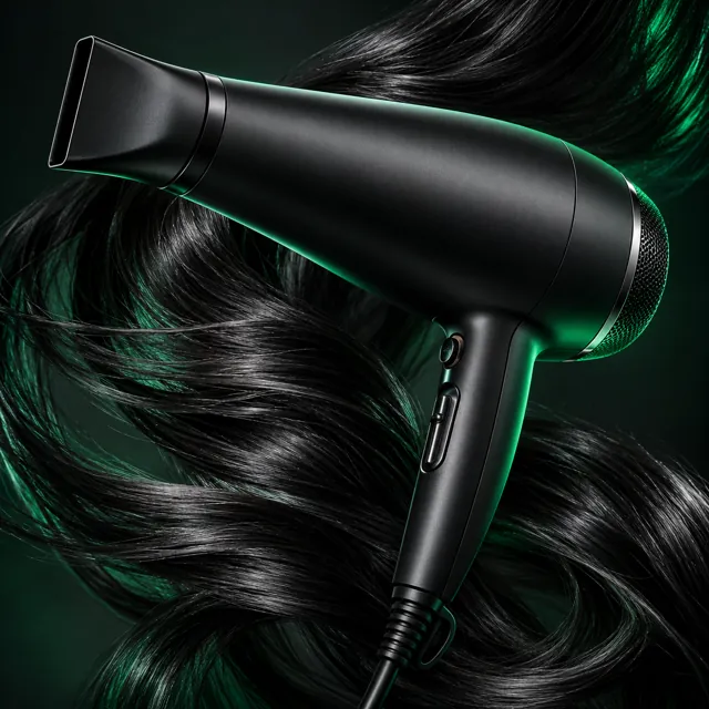 Secador negro sin marca con luz verde y mechones de cabello negro
