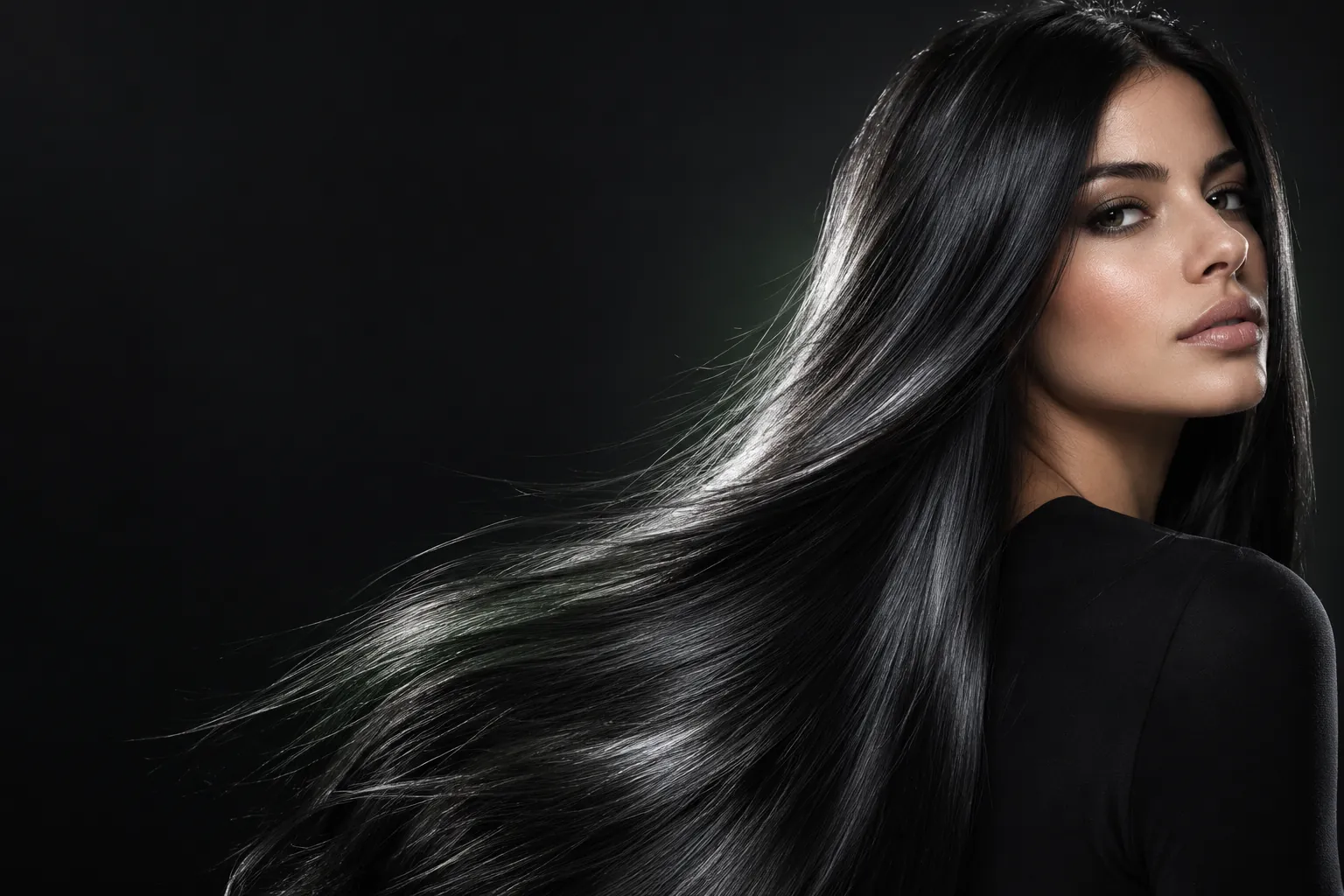 Melena negra brillante con reflejos de luz en un estudio oscuro